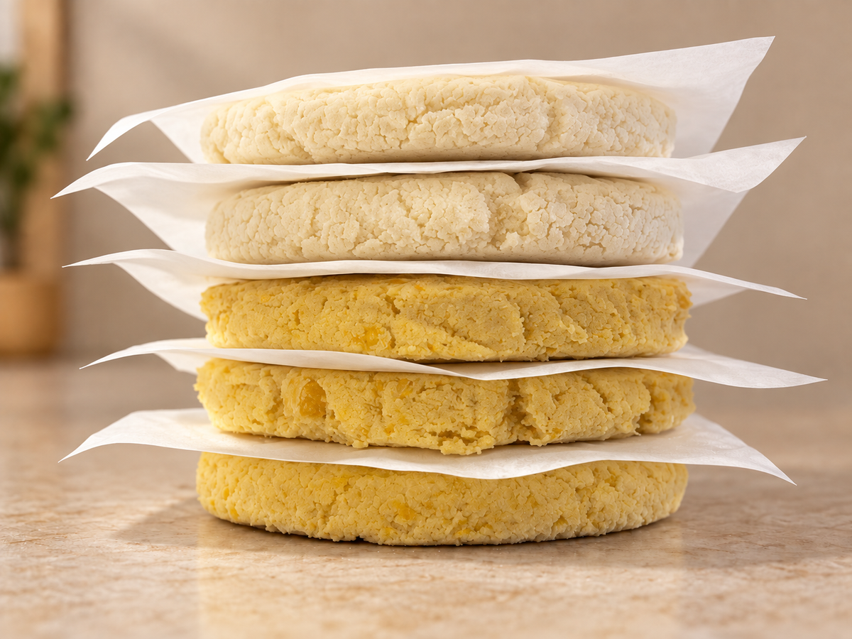 Side view of two Classic and three Chocolo arepas stacked with parchment between them.