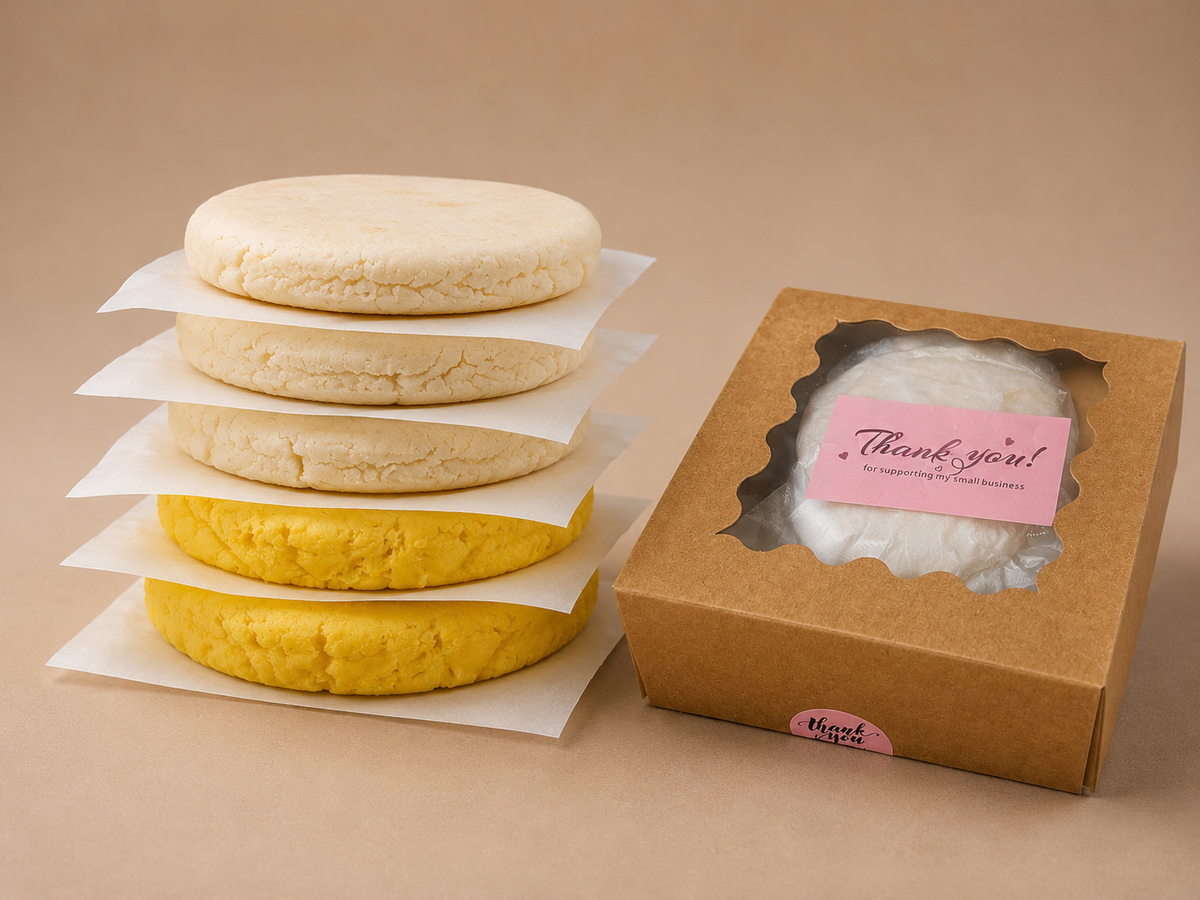 Three uncooked Classic and two uncooked Chocolo arepas beside The Daily Arepa box.