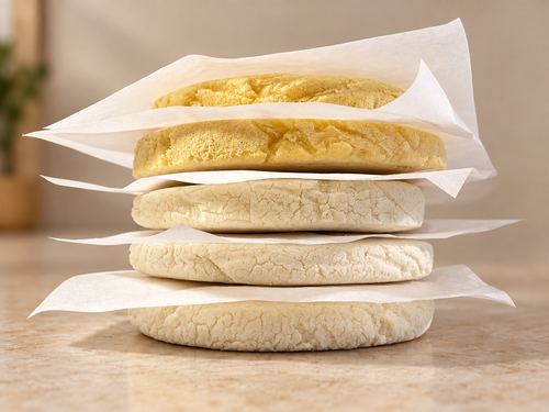 Side view of three Classic and two Chocolo arepas stacked with parchment between them.