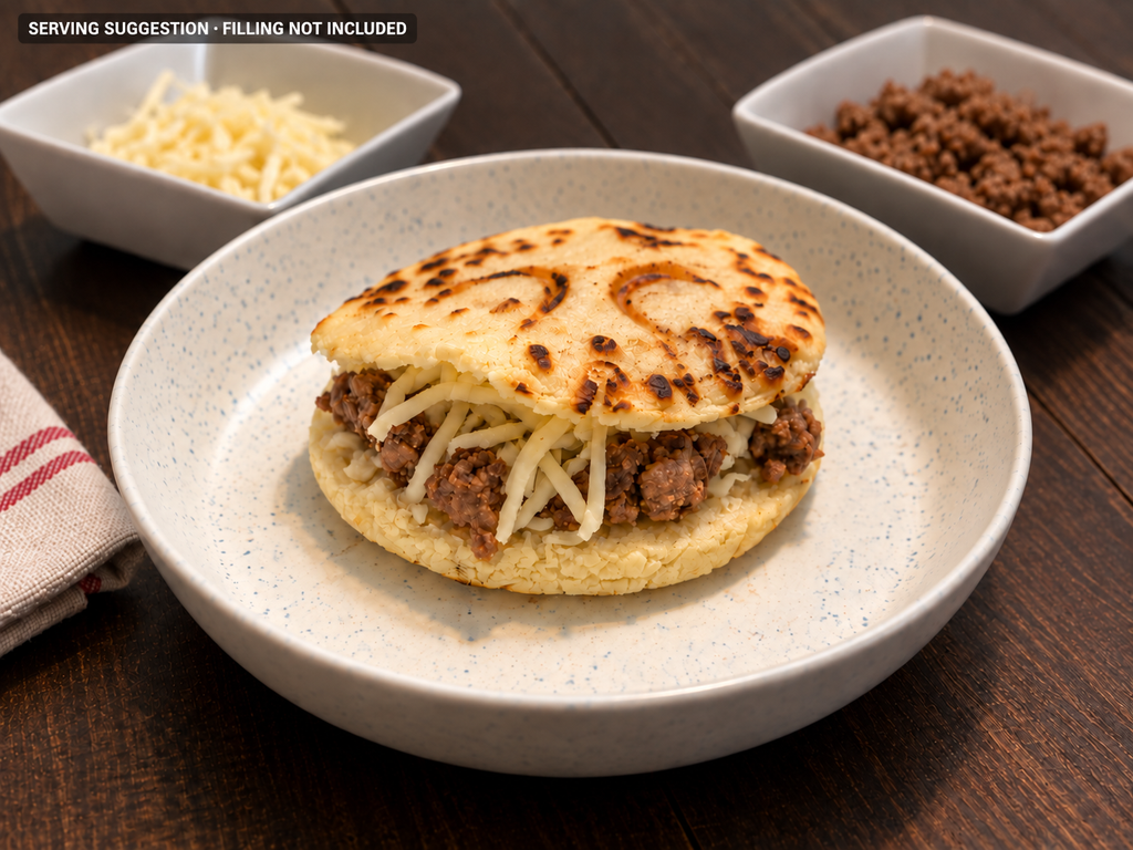 Classic White Corn arepa filled with beef and mozzarella; serving suggestion, filling not included.