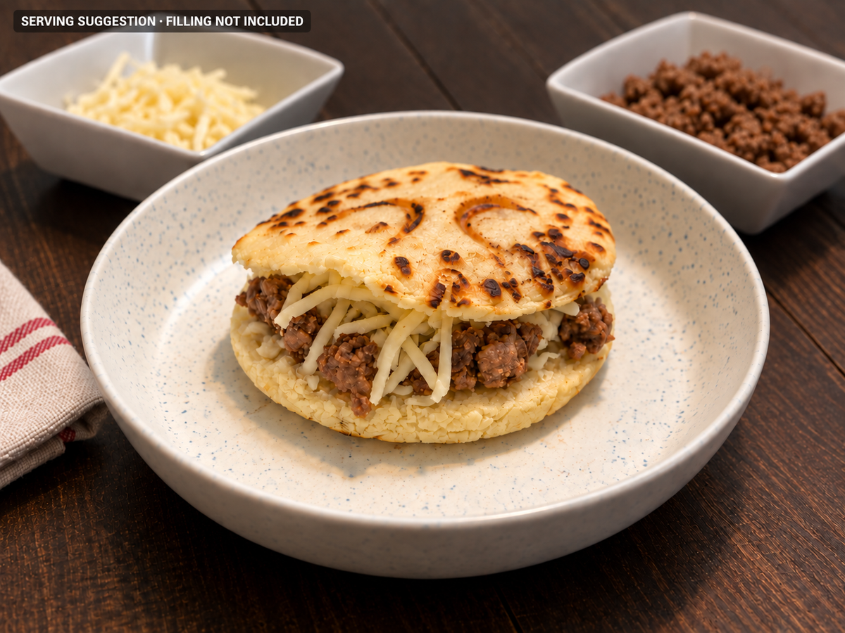 Classic White Corn arepa filled with beef and mozzarella; serving suggestion, filling not included.
