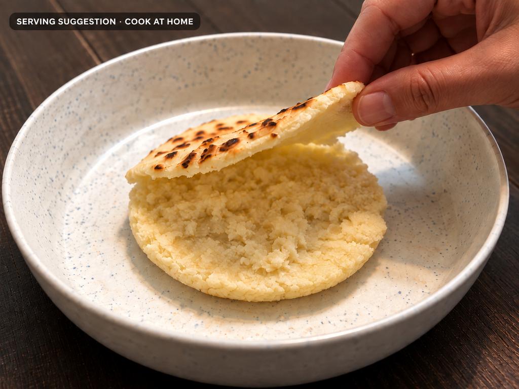Cooked Classic White Corn arepa opened to show its soft interior; serving suggestion.