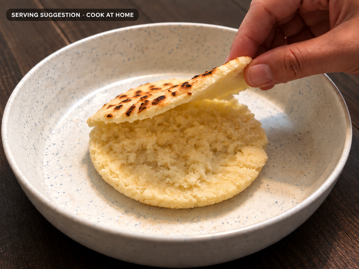 Cooked Classic White Corn arepa opened to show its soft interior; serving suggestion.